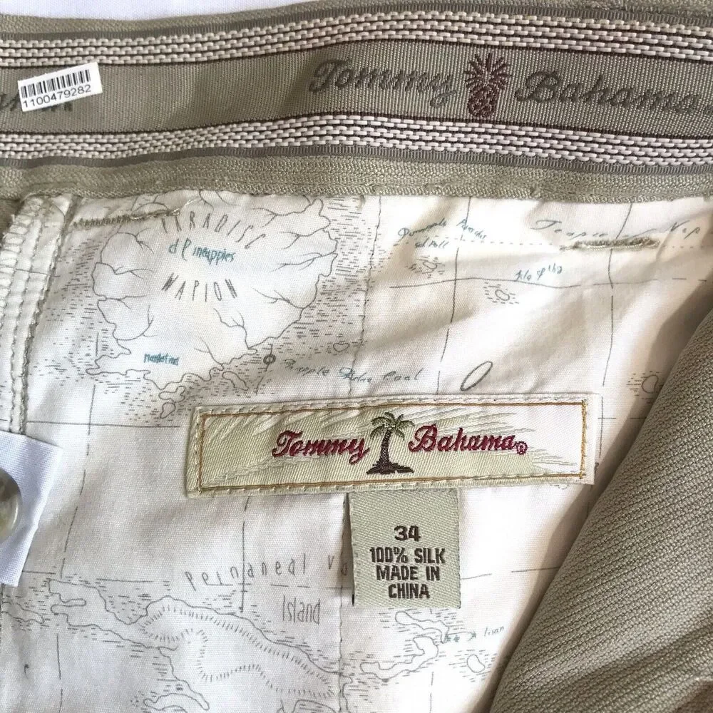 Tommy Bahama Chino Shorts SZ 34 Khaki Beach Resort Golf Casual 100% Silk Preppy